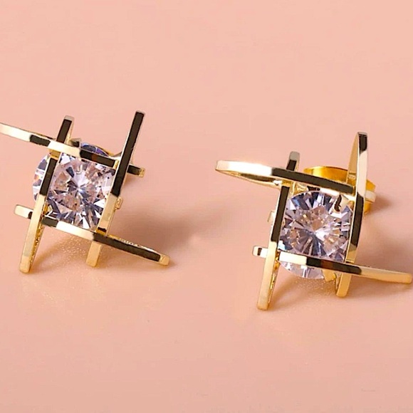 Gold Diamond Caged 3D Stud Earrings - Picture 5 of 6
